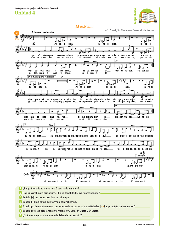 Pentagrama Lenguaje Musical 4 pag 47 - Amat - Casanova